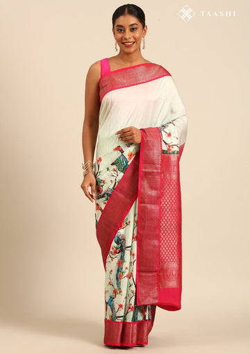 Pastel Mint Green Pure Silk Floral & Peacock Printed Saree