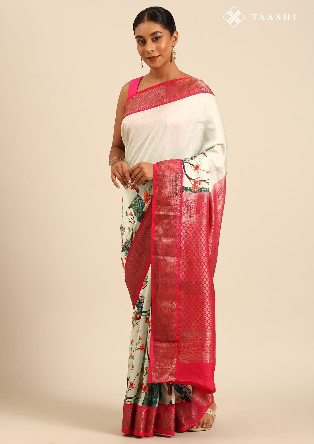 Pastel Mint Green Pure Silk Floral & Peacock Printed Saree