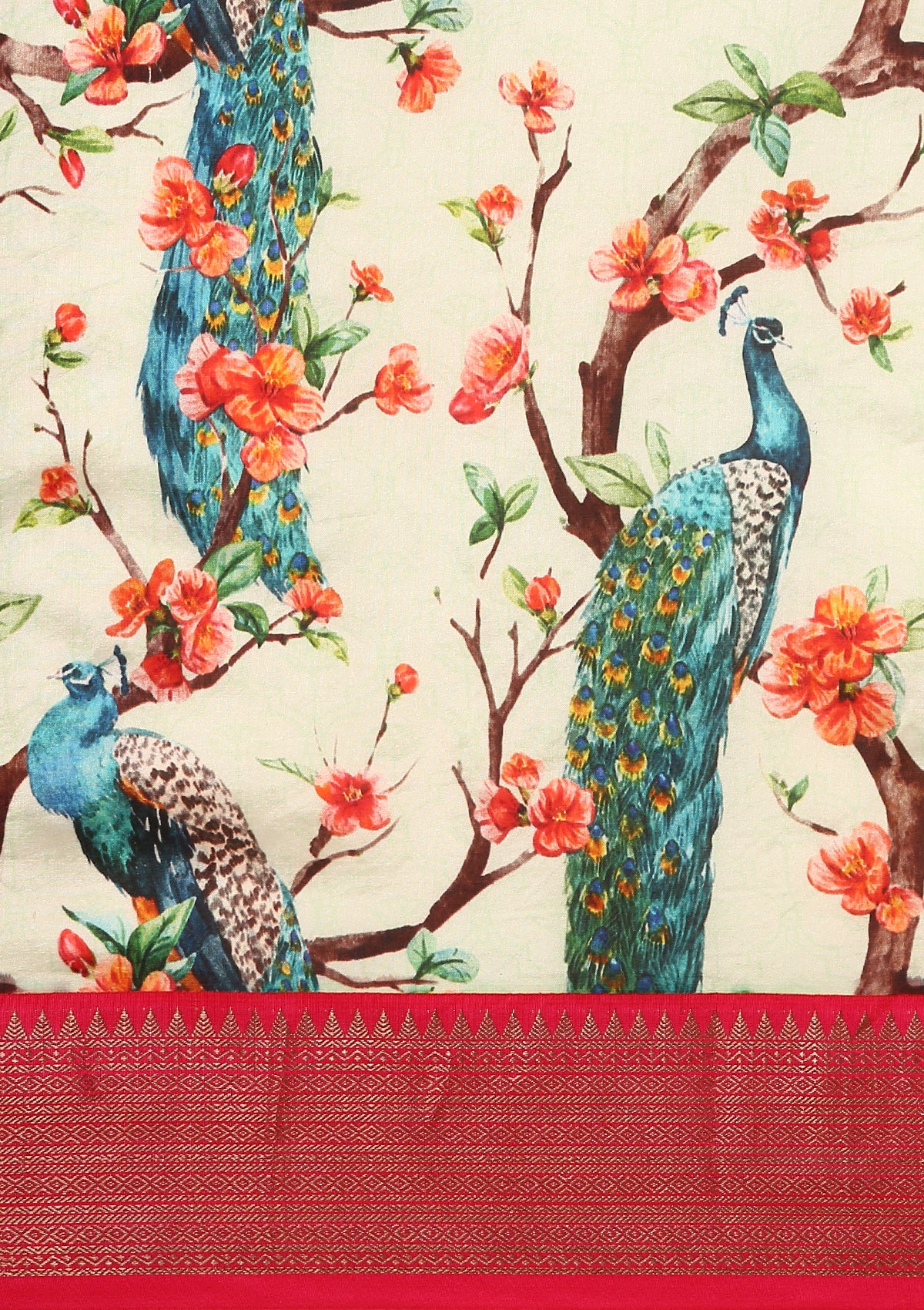 Pastel Green Flora Fauna Printed Silk Saree