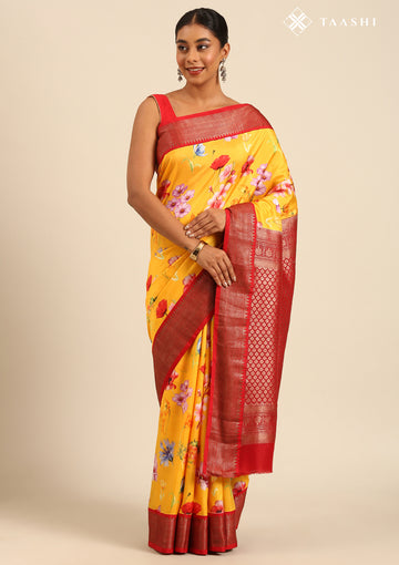 Yellow Floral Printed Silk Saree