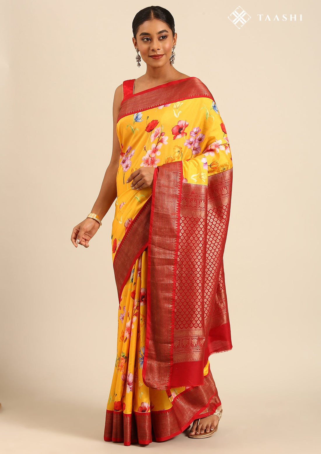 Yellow Pure Silk Spring Floral Printed Saree