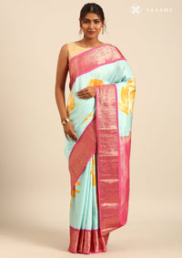 Pastel Blue Pure Silk Statement Floral Printed Saree