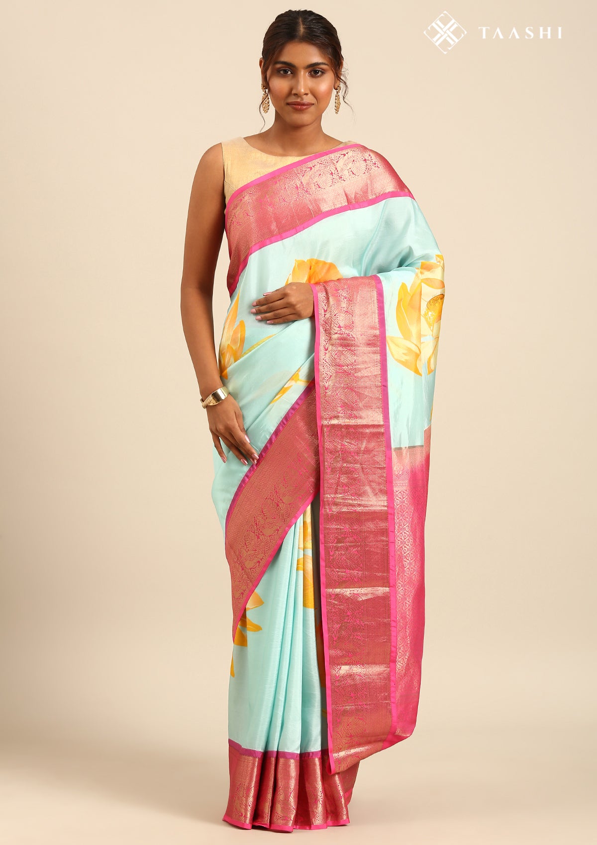 Blue Floral Printed Silk Saree