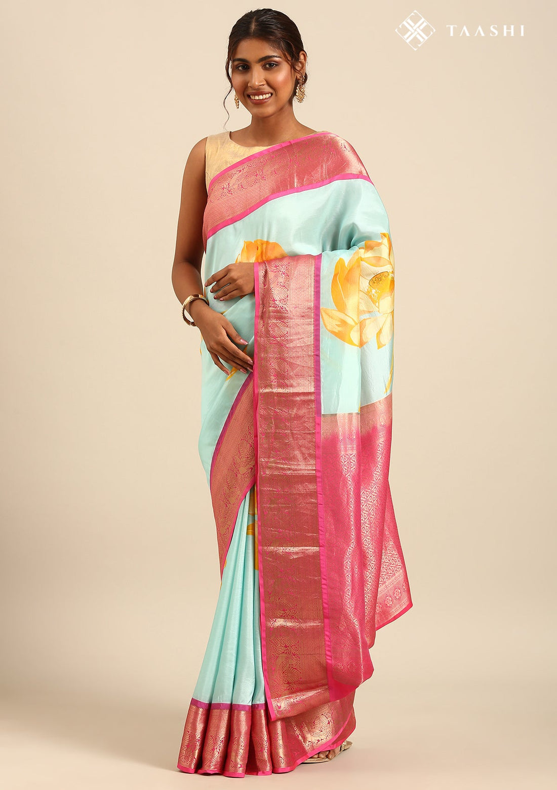 Pastel Blue Pure Silk Statement Floral Printed Saree