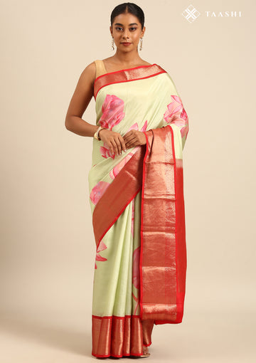 Pastel Green Floral Printed Silk Saree