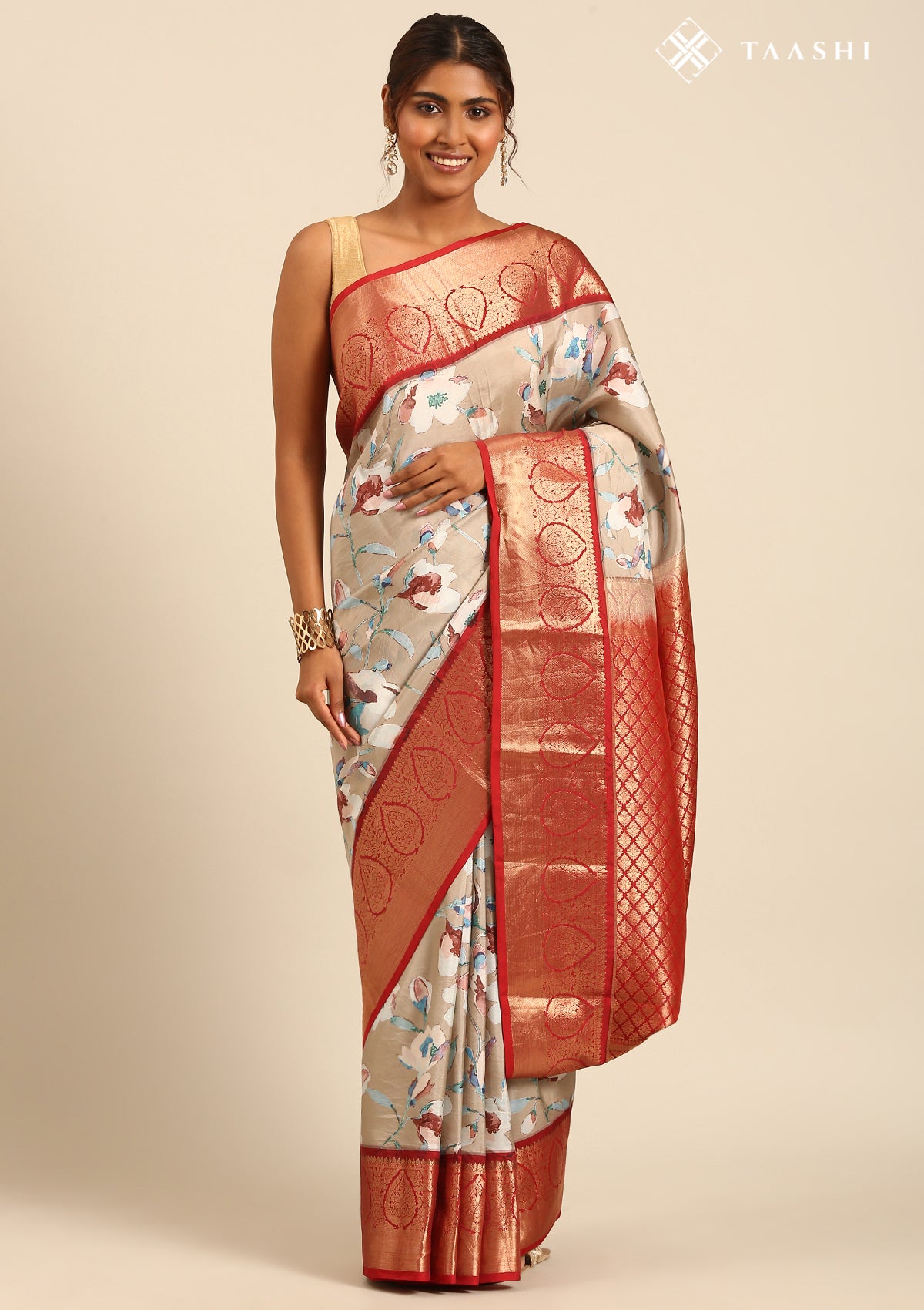 Beige Floral Printed Silk Saree - Taashi