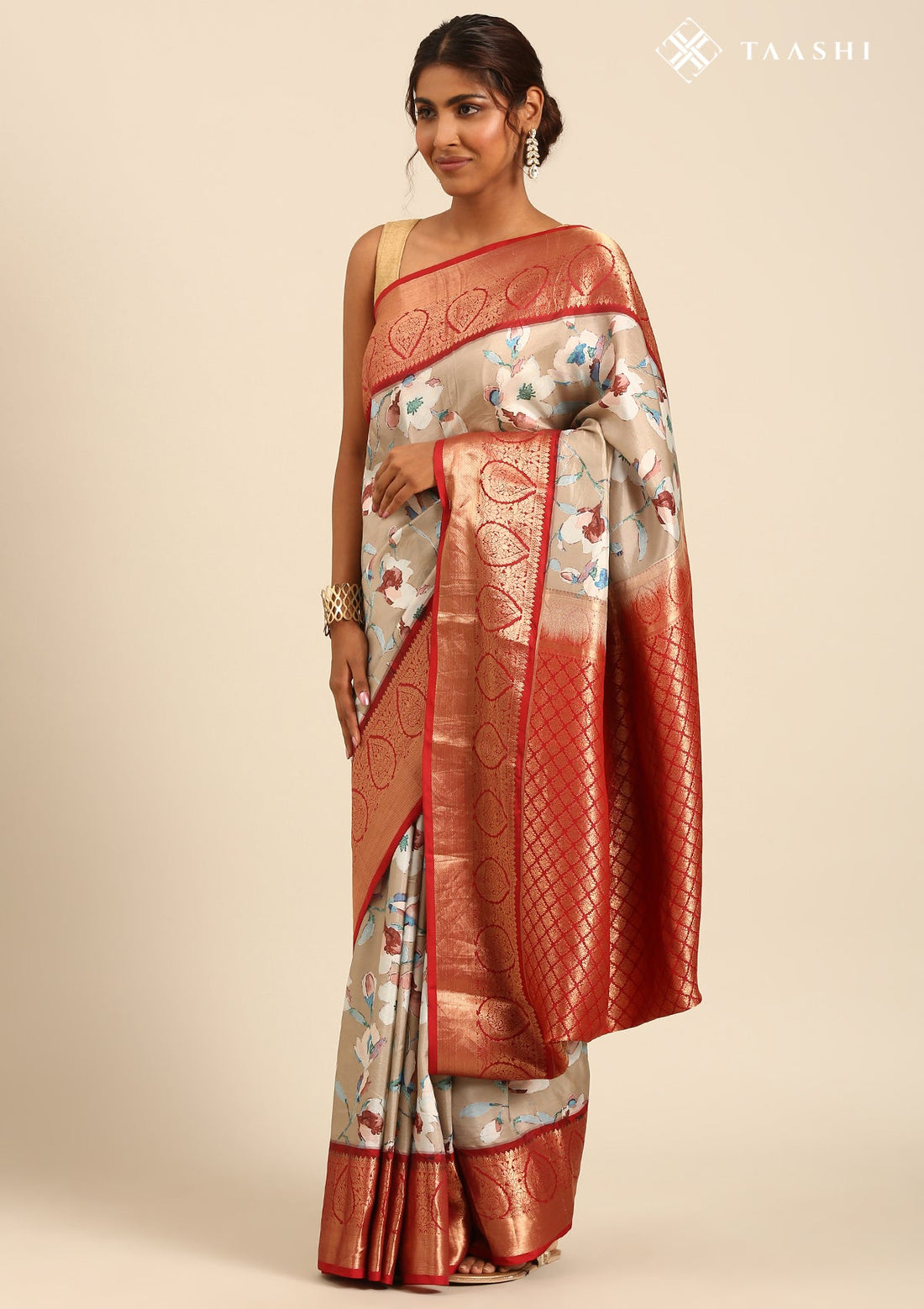 Warm Grey Pure Silk Watercolour Floral Printed Saree