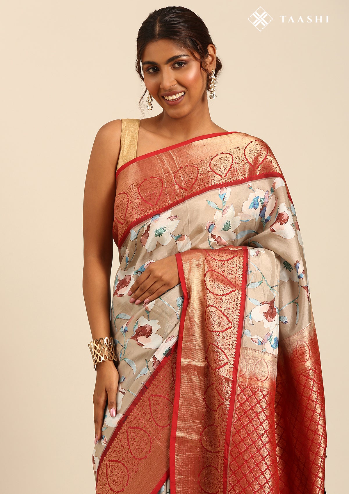 Beige Floral Printed Silk Saree - Taashi