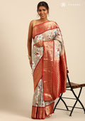 Beige Floral Printed Silk Saree - Taashi