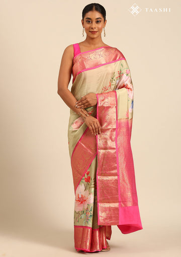 Pastel Green Pure Silk Watercolour Floral Printed Saree