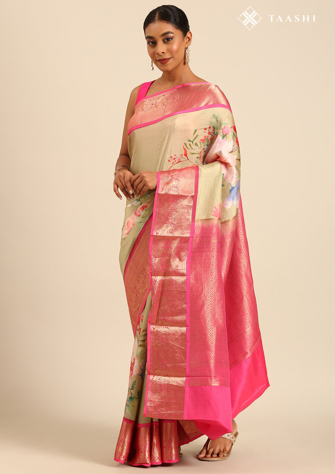 Green Watercolor Floral Printed Silk Saree