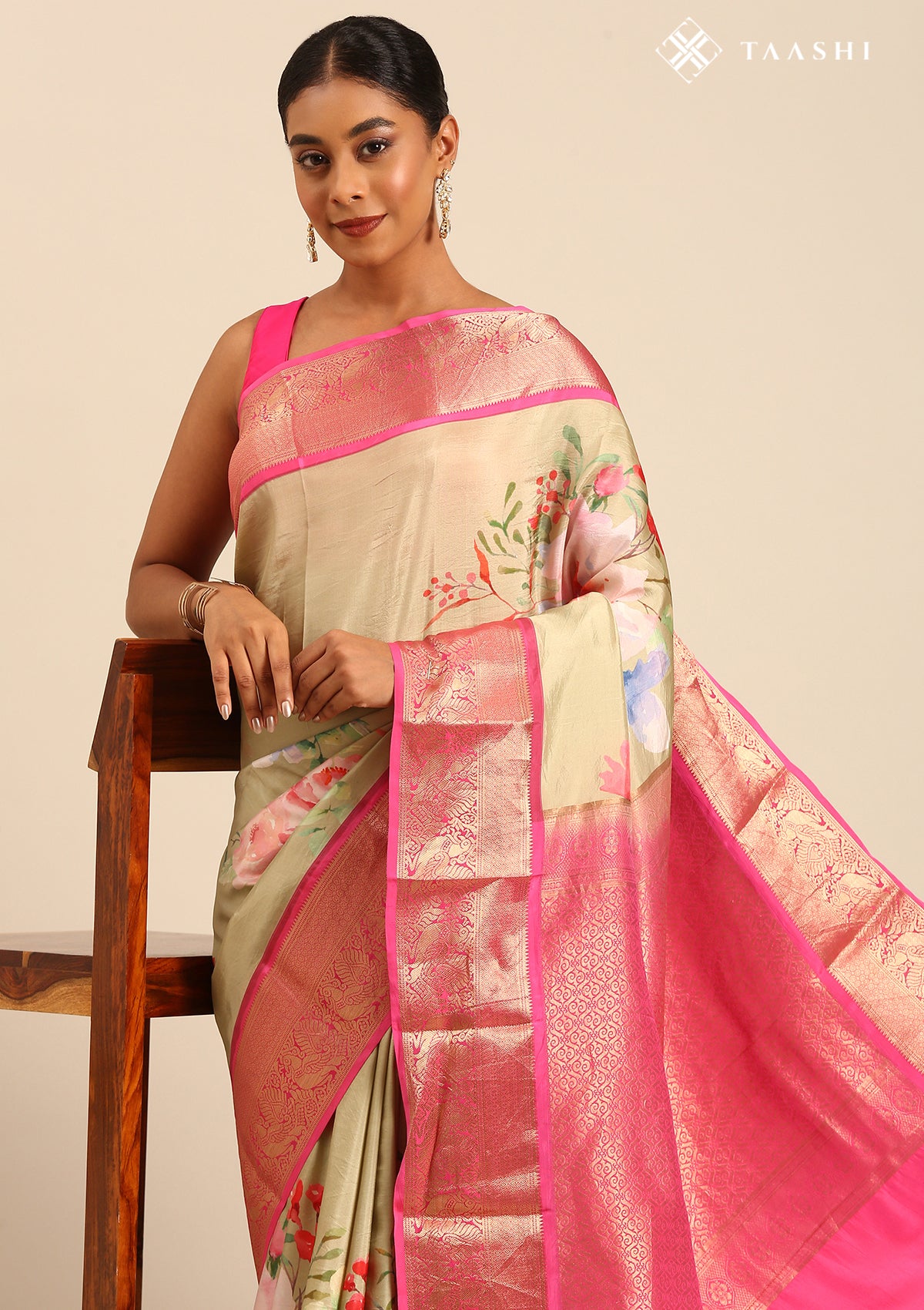 Green Watercolor Floral Printed Silk Saree
