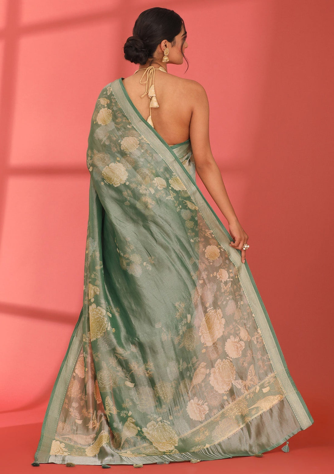 Forest Green Pure Tissue Meadow Floral Printed Saree