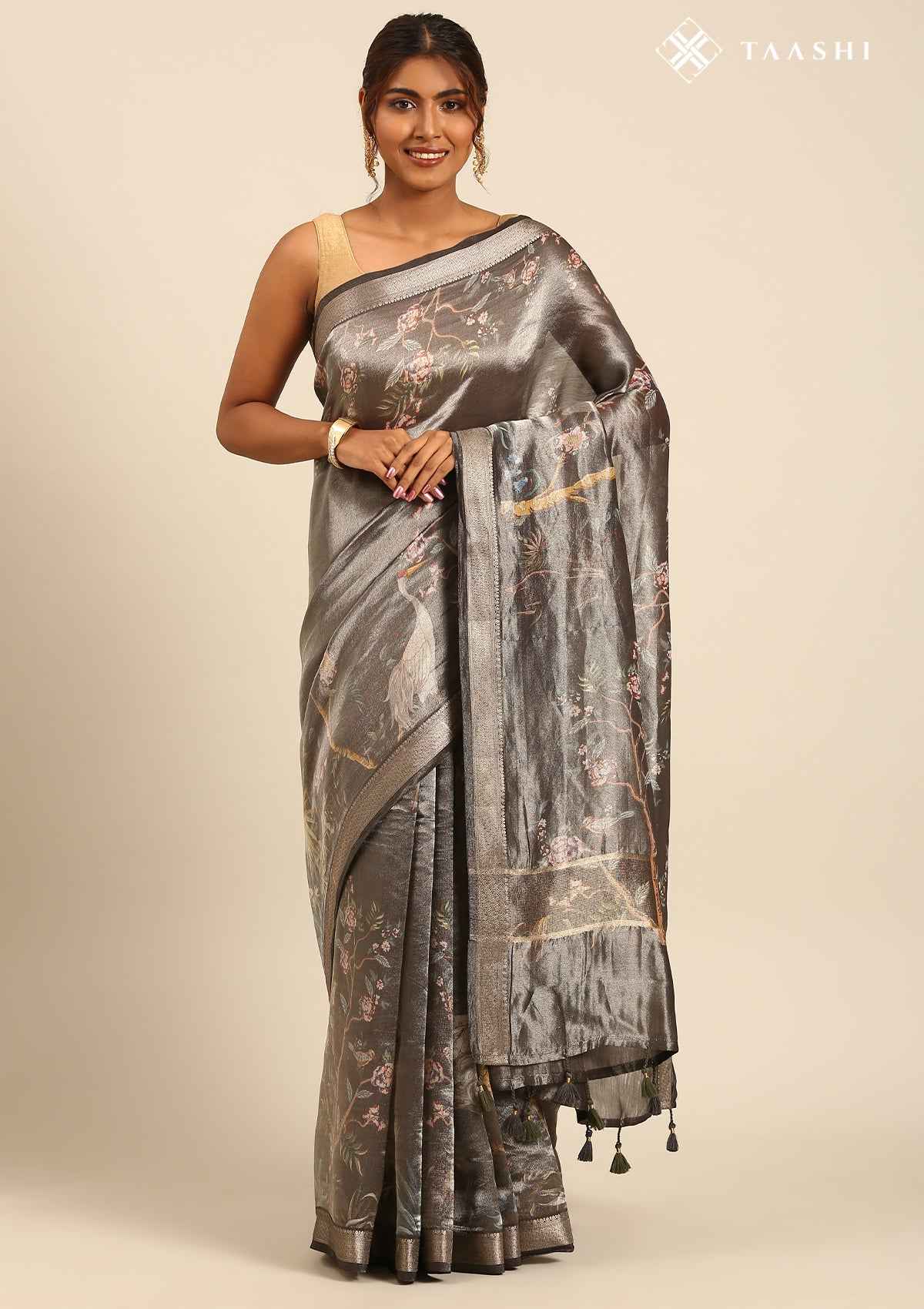 Dark Grey Pure Tissue Scenic Landscape Printed Saree