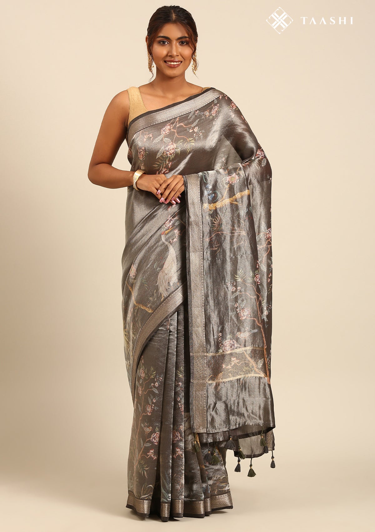 Dusty Black Nature Inspired Printed And Dooby Structured Saree