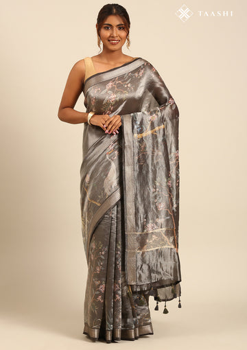 Dusty Black Nature Inspired Printed And Dooby Structured Saree