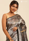 Dusty Black Nature Inspired Printed And Dooby Structured Saree - Taashi