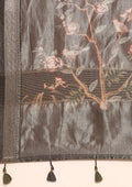 Dusty Black Nature Inspired Printed And Dooby Structured Saree - Taashi