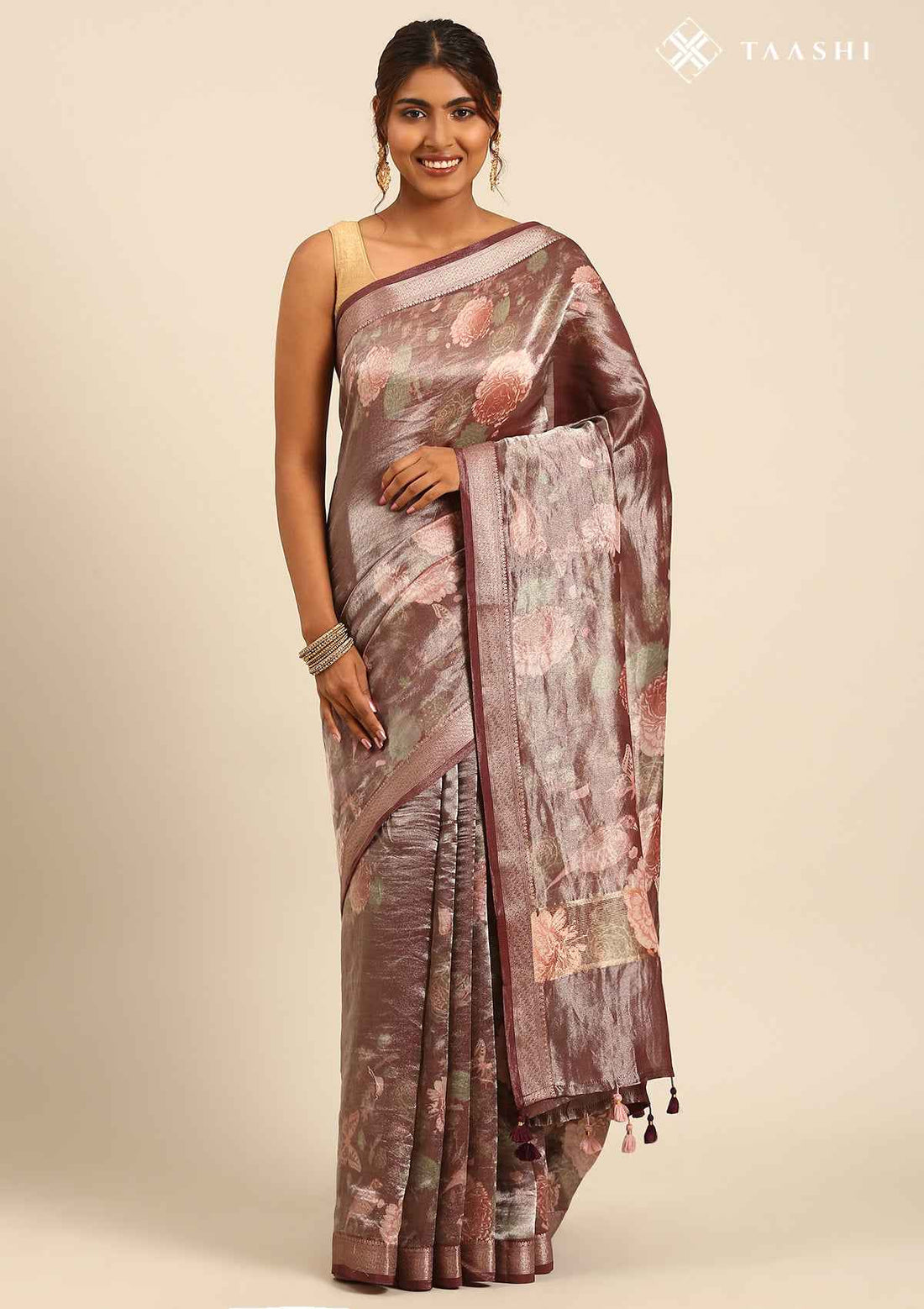 Plum Pure Tissue Meadow Floral Printed Saree