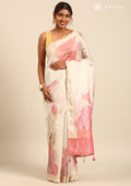 Cream Small Woven Patterns And Watercolor Floral Printed Tissue Saree - Taashi