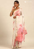 Cream Small Woven Patterns And Watercolor Floral Printed Tissue Saree - Taashi