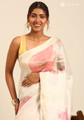Cream Small Woven Patterns And Watercolor Floral Printed Tissue Saree - Taashi