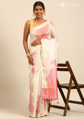 Cream Small Woven Patterns And Watercolor Floral Printed Tissue Saree - Taashi