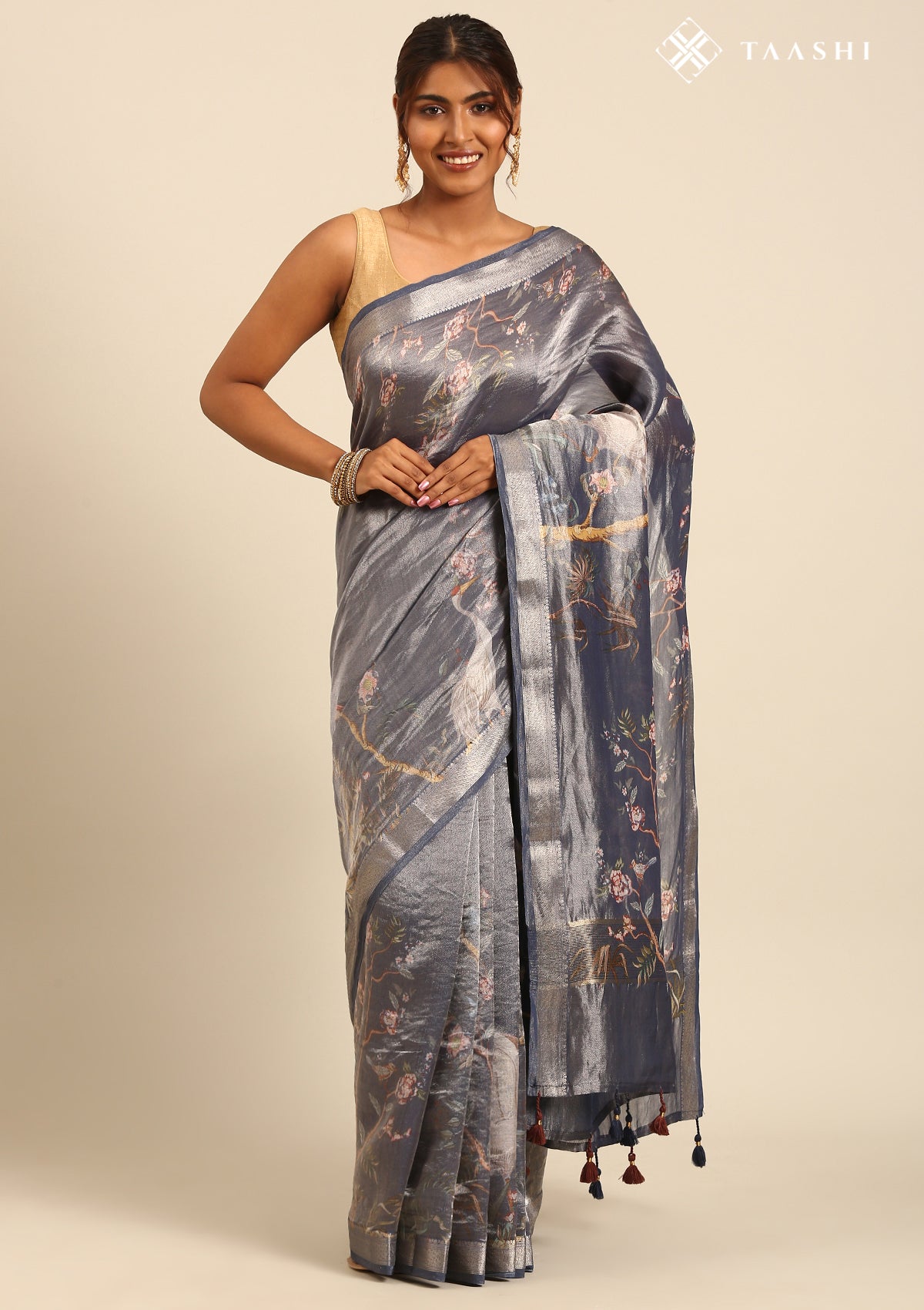 Midnight Blue Small Woven Patterns And Nature InspiRed Printed Tissue Saree