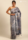 Midnight Blue Small Woven Patterns And Nature InspiRed Printed Tissue Saree - Taashi