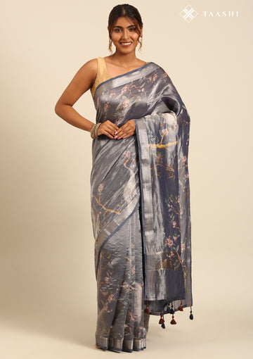 Midnight Blue Small Woven Patterns And Nature InspiRed Printed Tissue Saree