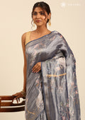 Midnight Blue Small Woven Patterns And Nature InspiRed Printed Tissue Saree - Taashi