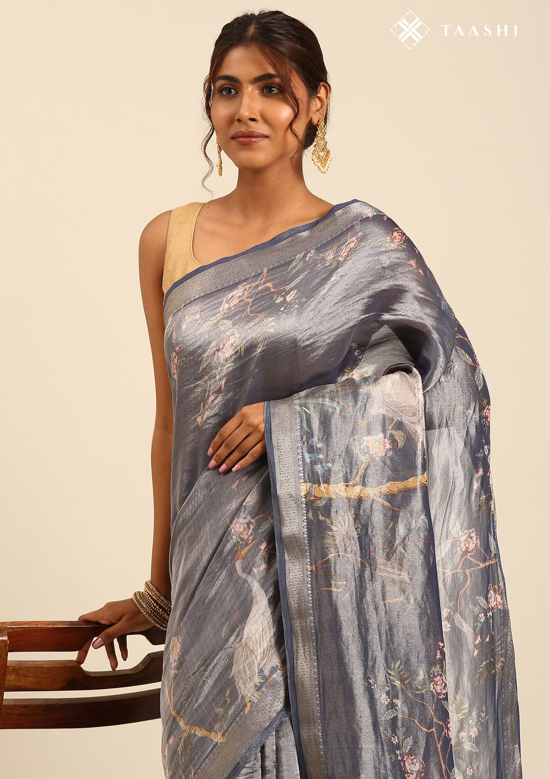 Navy Blue Pure Tissue Scenic Landscape Printed Saree