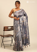 Midnight Blue Small Woven Patterns And Nature InspiRed Printed Tissue Saree - Taashi