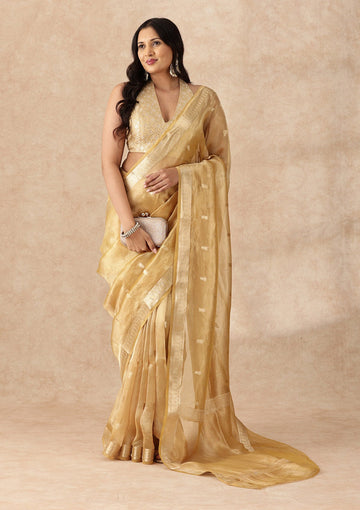 Mustard Yellow Pure Tissue Woven Saree
