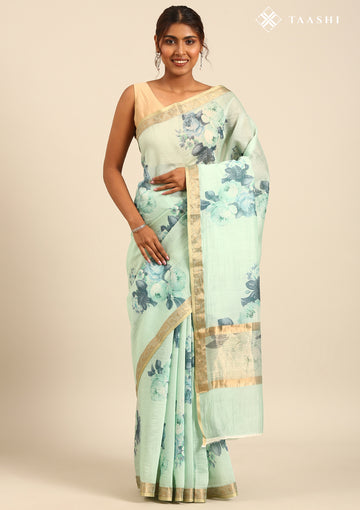 Pastel Green Floral Printed Tussar Saree