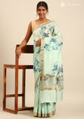 Pastel Green Floral Printed Tussar Saree - Taashi