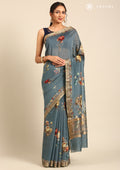 Dusty Blue Tussar Saree With Floral Butta - Taashi