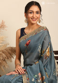 Dusty Blue Tussar Saree With Floral Butta - Taashi