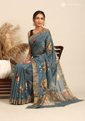 Dusty Blue Tussar Saree With Floral Butta - Taashi