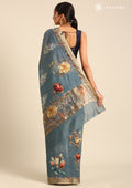 Dusty Blue Tussar Saree With Floral Butta - Taashi