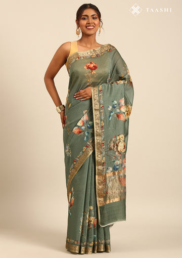 Dusty Green Floral Printed Tussar Saree