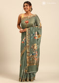 Dusty Green Floral Printed Tussar Saree - Taashi