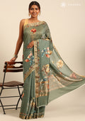Dusty Green Floral Printed Tussar Saree - Taashi