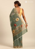 Dusty Green Floral Printed Tussar Saree - Taashi