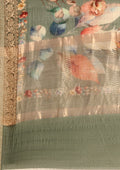 Dusty Green Floral Printed Tussar Saree - Taashi