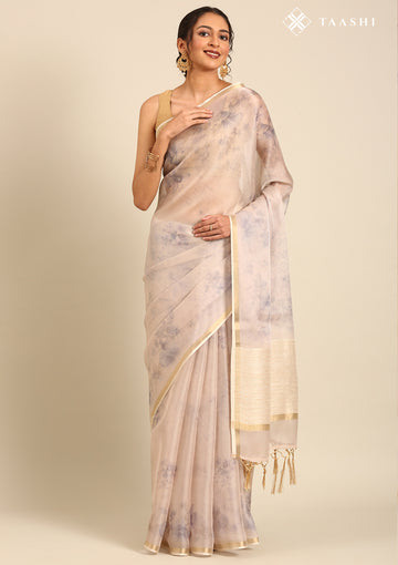 Cream Watercolor Floral Printed Tussar Saree