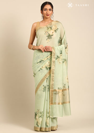 Pista Green Floral Printed Tussar Saree