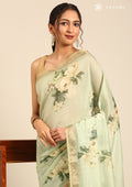 Pista Green Floral Printed Tussar Saree - Taashi