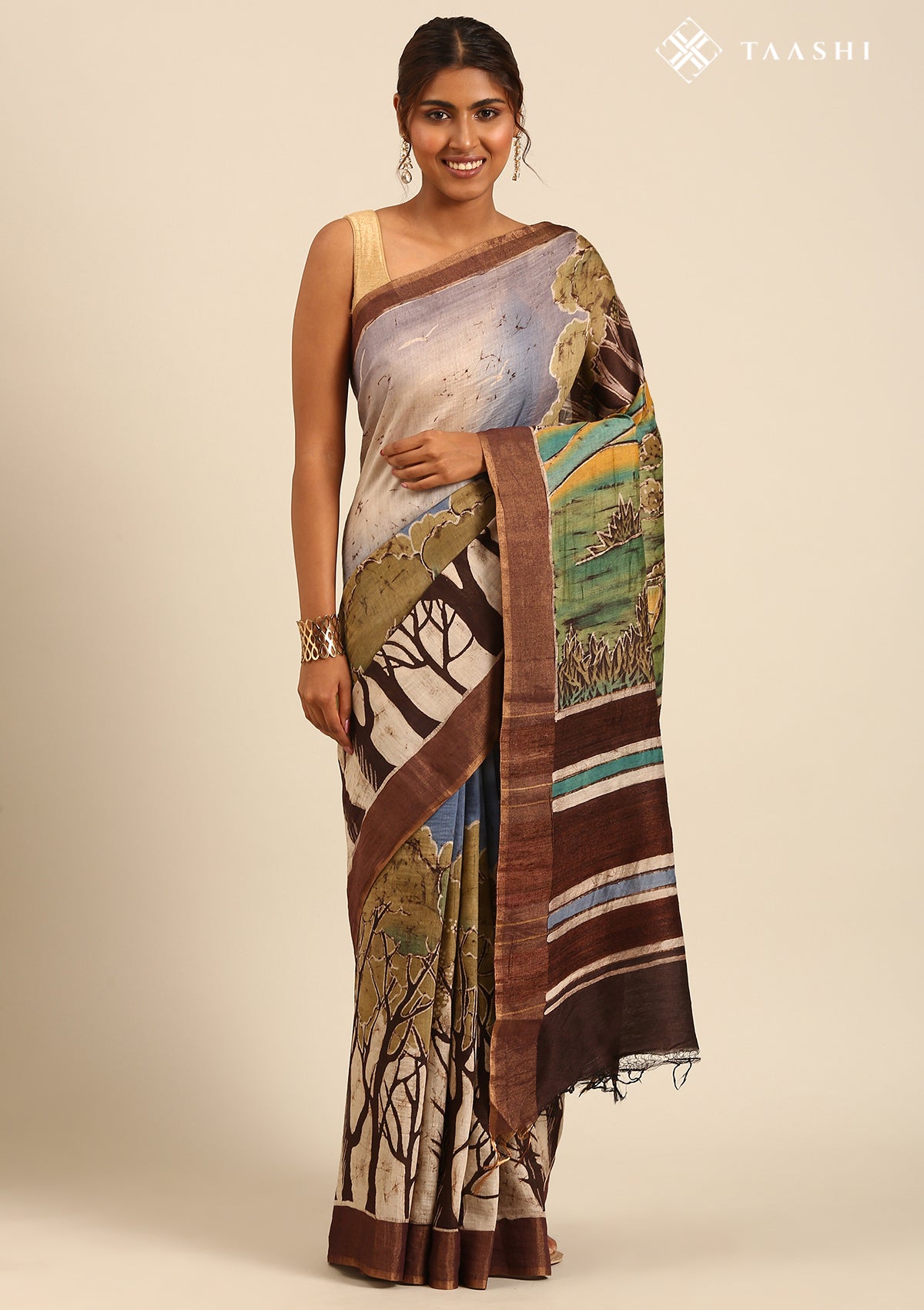 Brown Hand-Painted Pure Tussar Silk Saree with Zari Border