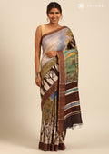 Brown Hand-Painted Pure Tussar Silk Saree with Zari Border - Taashi
